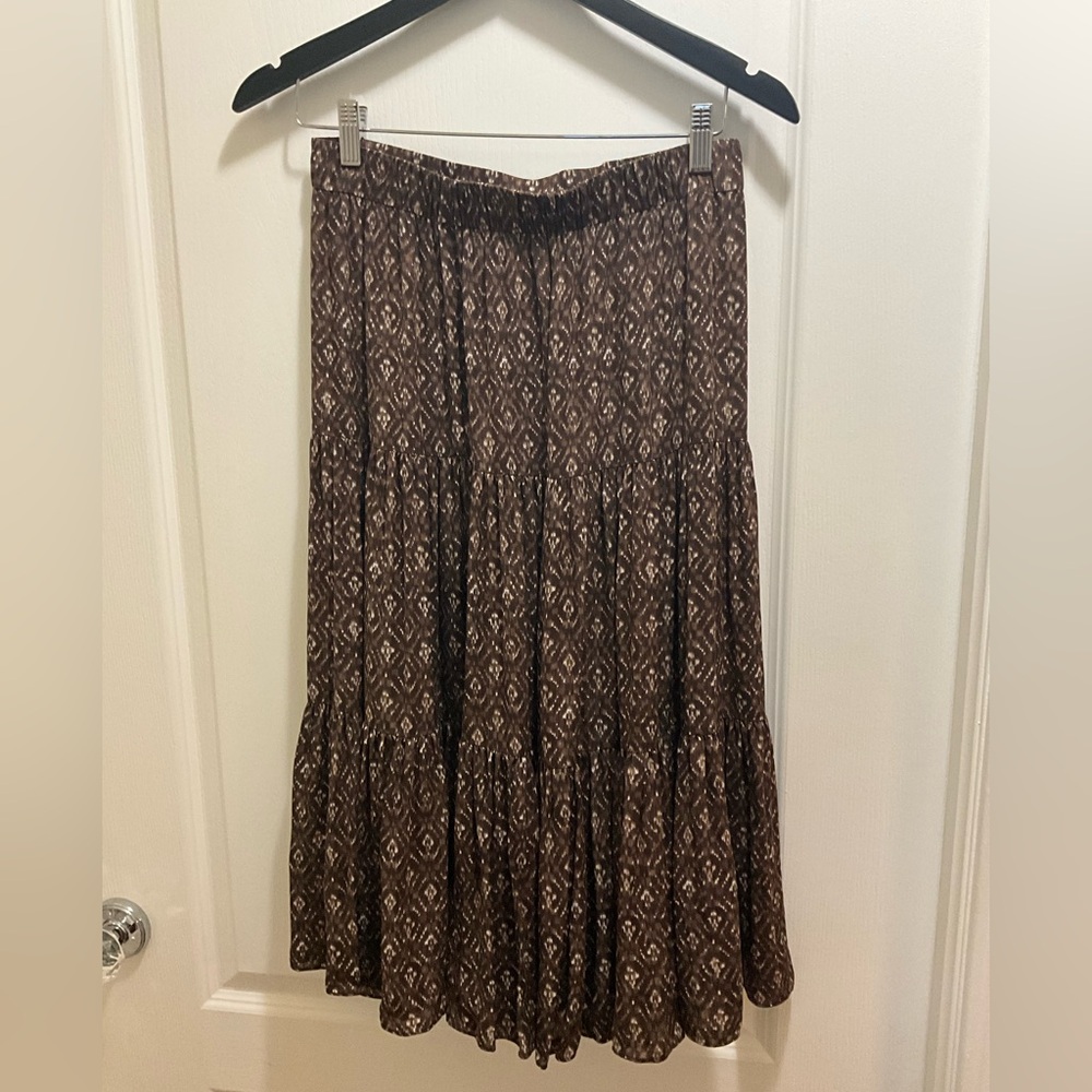 Michael Kors 100% Silk Rich Brown Diamond Ikat Patterned Midi Skirt